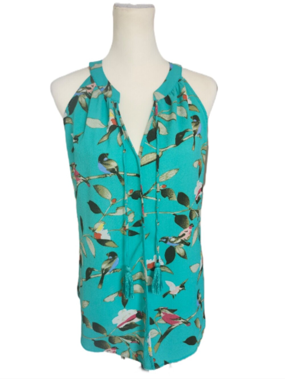 C&E Teal Sleeveless Blouse, V-neck W Tie, Colorful Bird Pattern, M